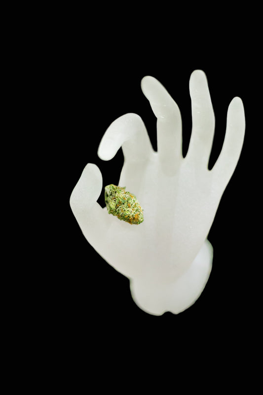 White plastic hand holding a cannabis bud on a green background