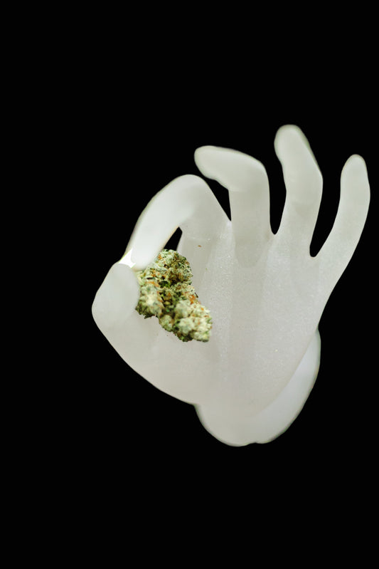 White hand-shaped object with green substance on a grassy background