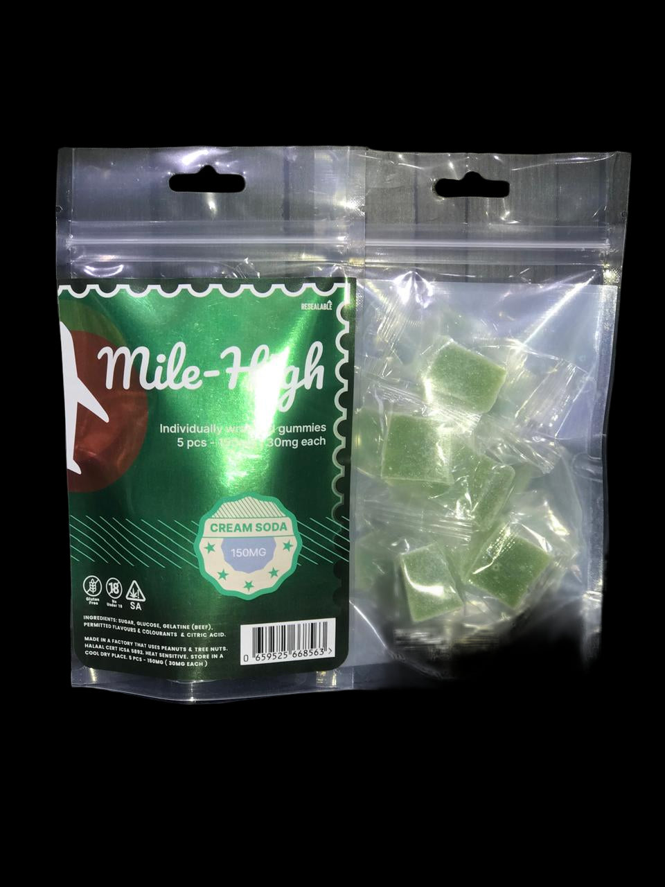 Mile High gummies packaging with green gummies on a reflective surface