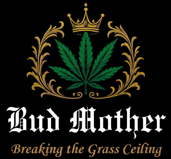 Logo of Bud Mother with cannabis leaf and crown on a black background
