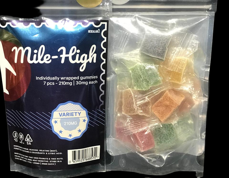 Mile-High gummies packaging with individually wrapped gummies inside