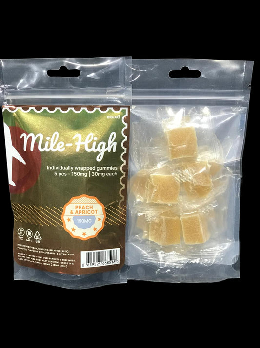 Mile-High peach candy gummies packaging with clear bag containing gummies on a black background