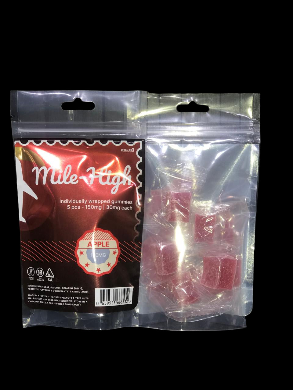 Mile High Apple gummies packaging on a dark surface