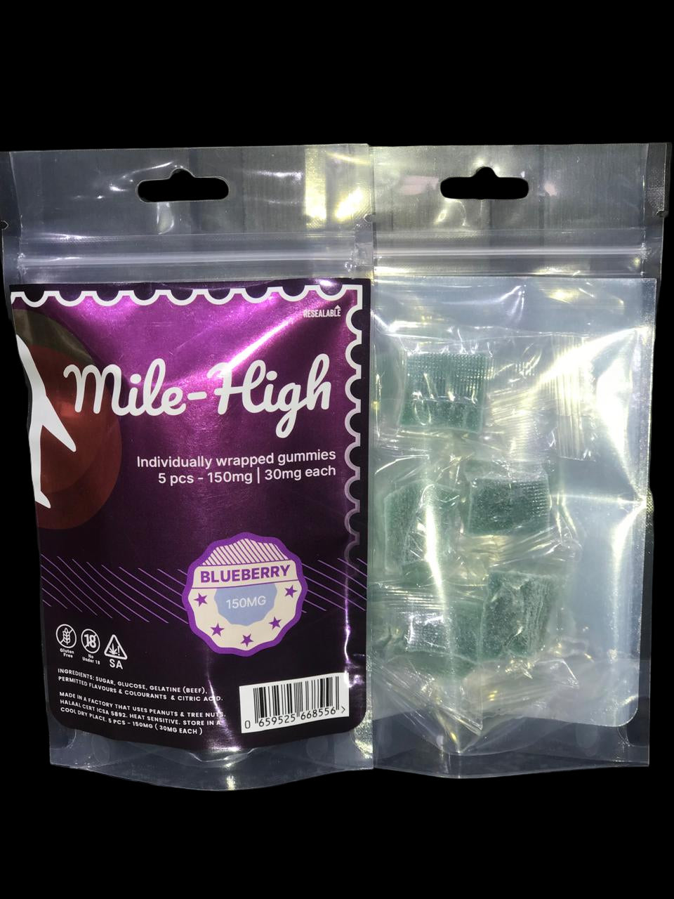 Mile High blueberry gummies packaging with clear bag containing gummies on a dark background